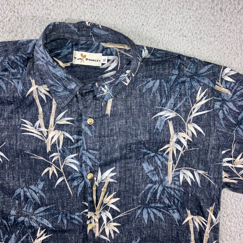 Two Paddles Hawaiian Shirt Men XL Bamboo Print Blue S/S Cotton Vacation Beach